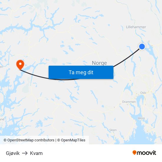 Gjøvik to Kvam map