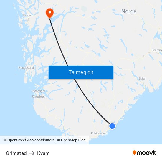 Grimstad to Kvam map