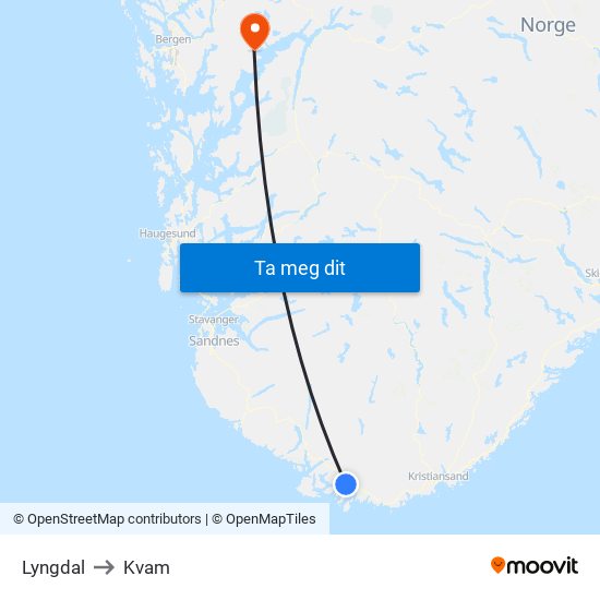 Lyngdal to Kvam map