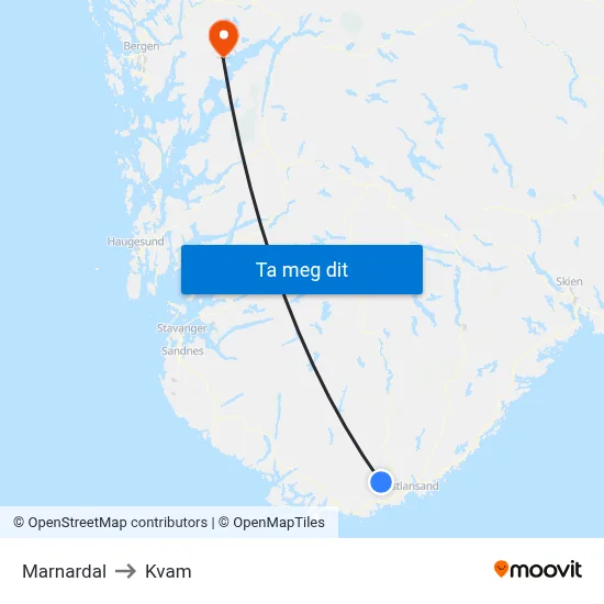Marnardal to Kvam map