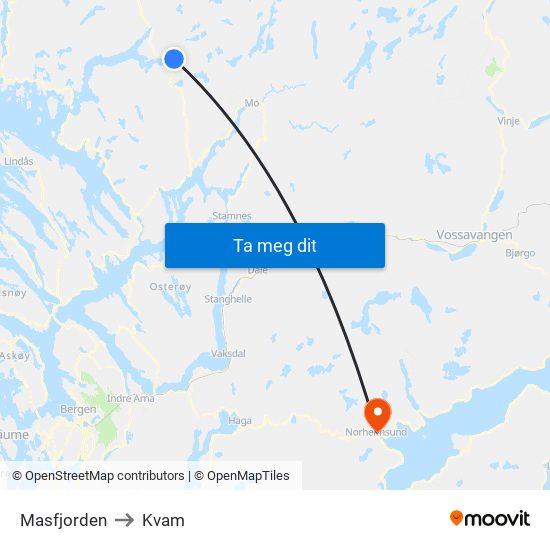 Masfjorden to Kvam map