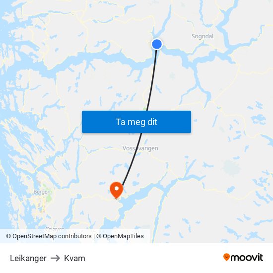 Leikanger to Kvam map