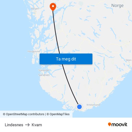 Lindesnes to Kvam map