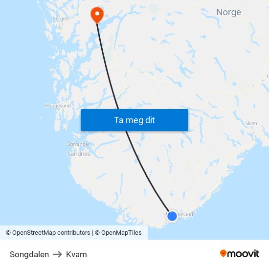 Songdalen to Kvam map