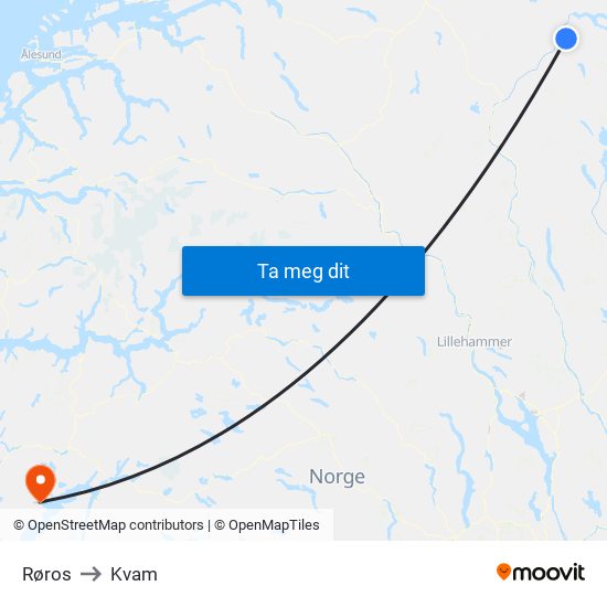 Røros to Kvam map