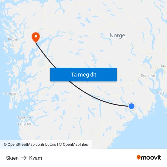 Skien to Kvam map