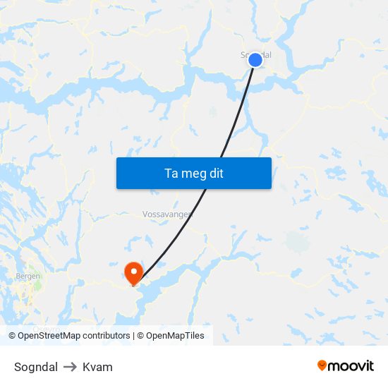 Sogndal to Kvam map