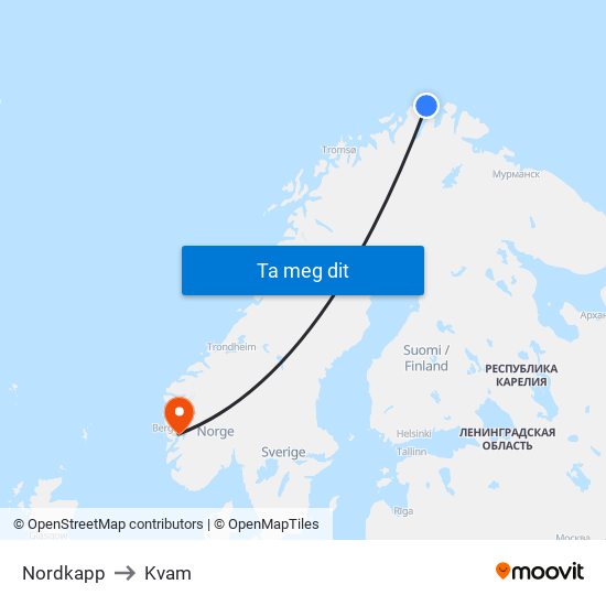 Nordkapp to Kvam map
