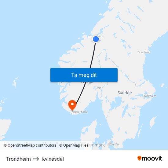 Trondheim to Kvinesdal map