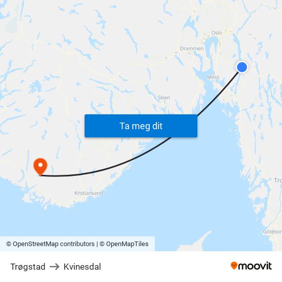 Trøgstad to Kvinesdal map