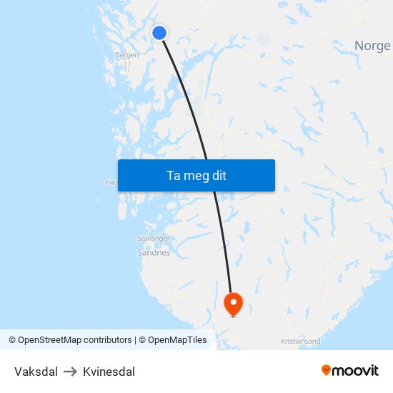 Vaksdal to Kvinesdal map