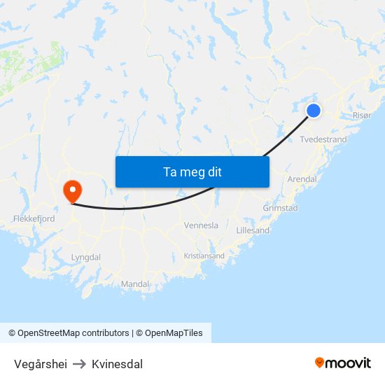 Vegårshei to Kvinesdal map