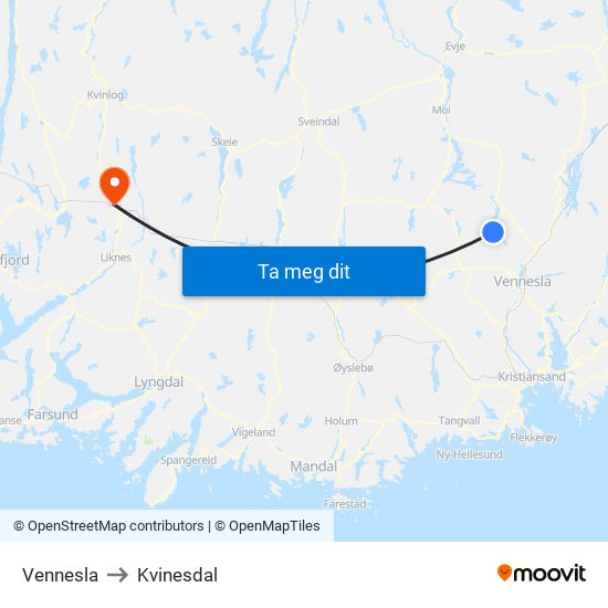 Vennesla to Kvinesdal map