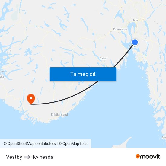 Vestby to Kvinesdal map