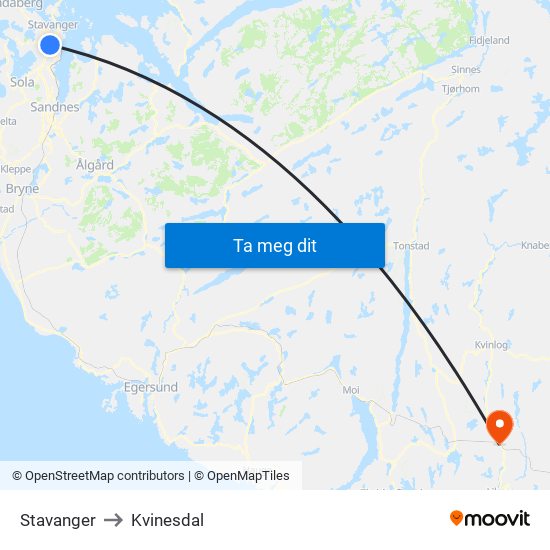Stavanger to Kvinesdal map