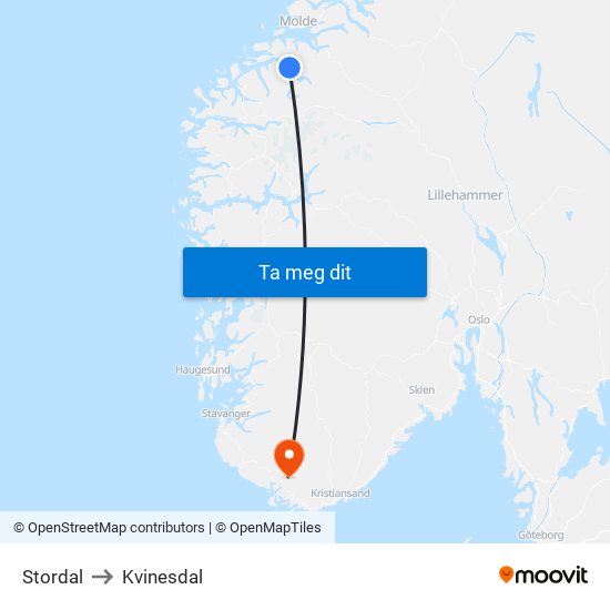 Stordal to Kvinesdal map