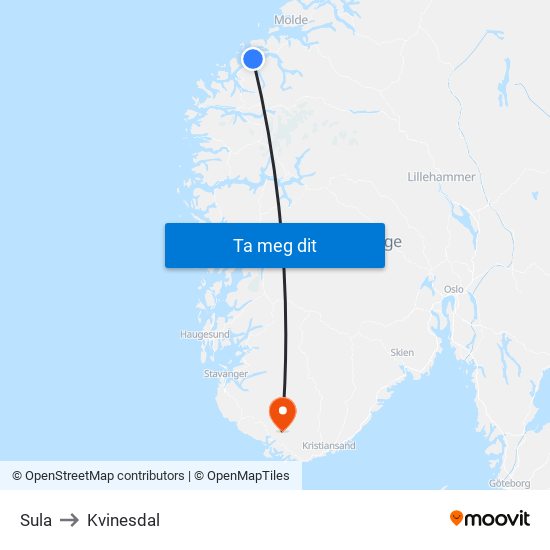 Sula to Kvinesdal map