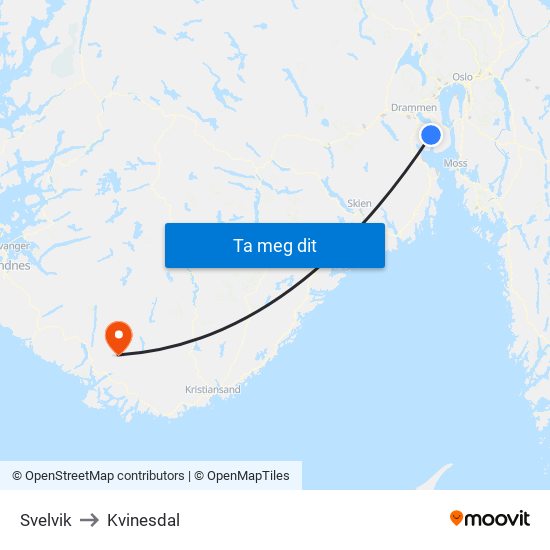 Svelvik to Kvinesdal map