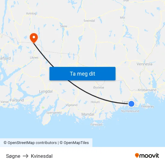 Søgne to Kvinesdal map