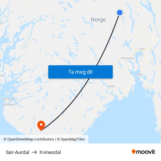 Sør-Aurdal to Kvinesdal map