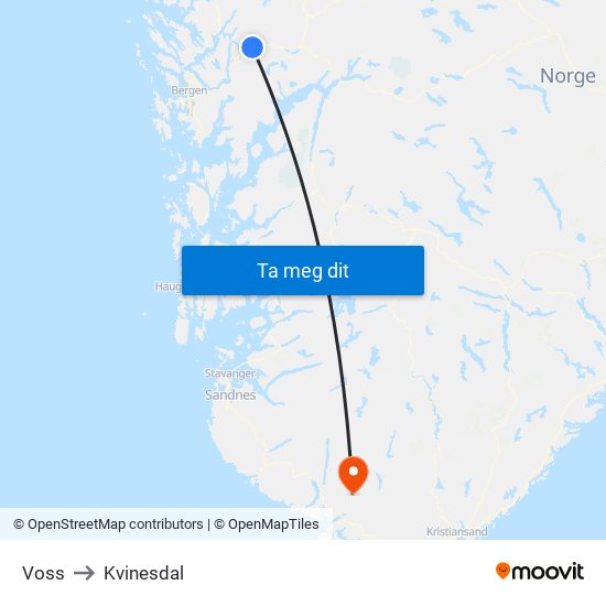 Voss to Kvinesdal map