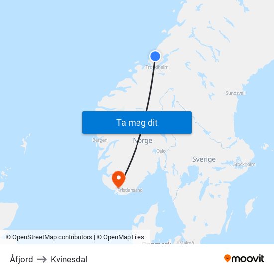Åfjord to Kvinesdal map