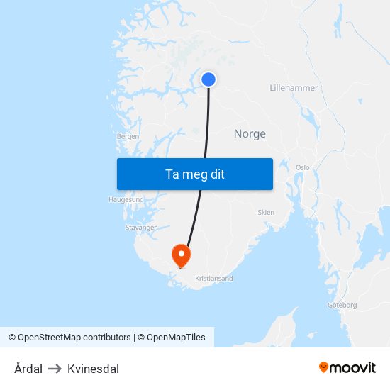 Årdal to Kvinesdal map