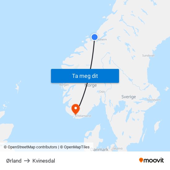 Ørland to Kvinesdal map