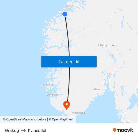 Ørskog to Kvinesdal map