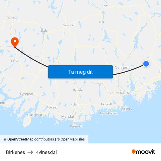 Birkenes to Kvinesdal map