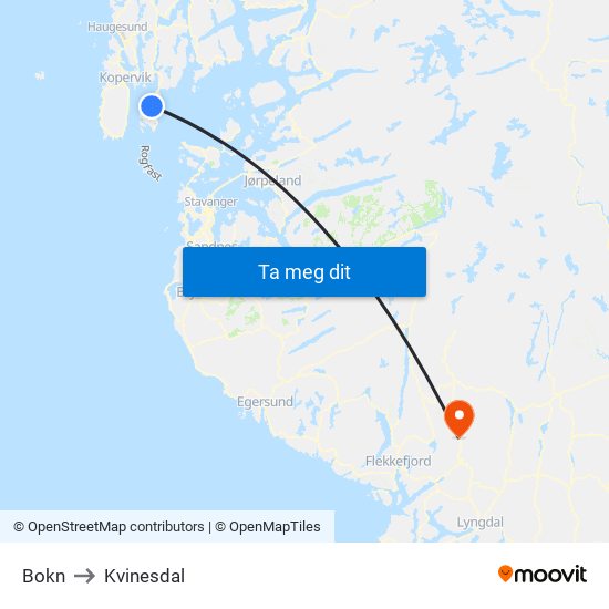 Bokn to Kvinesdal map