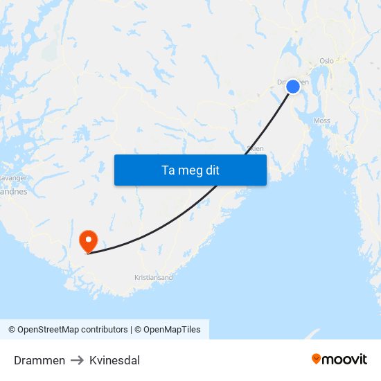 Drammen to Kvinesdal map