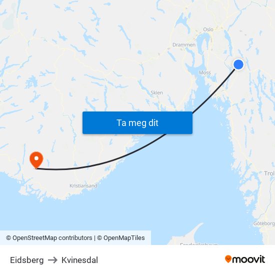 Eidsberg to Kvinesdal map