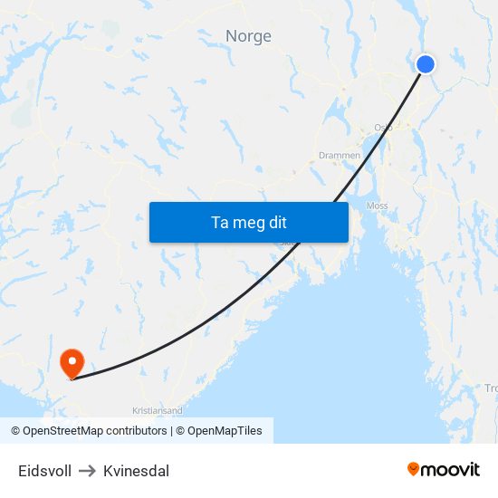 Eidsvoll to Kvinesdal map