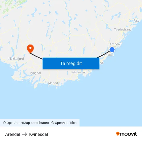Arendal to Kvinesdal map