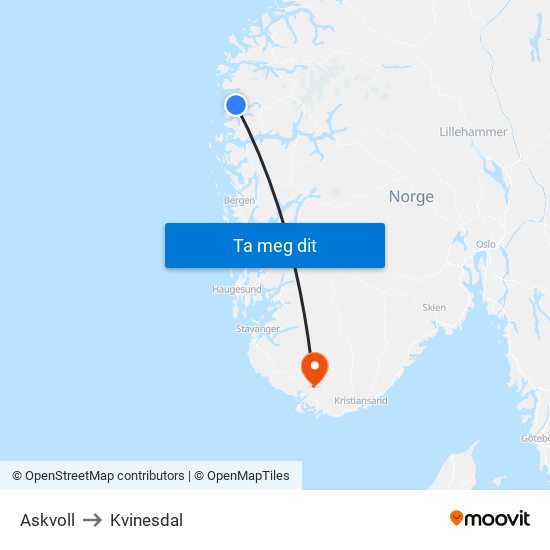 Askvoll to Kvinesdal map