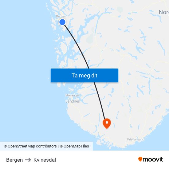 Bergen to Kvinesdal map