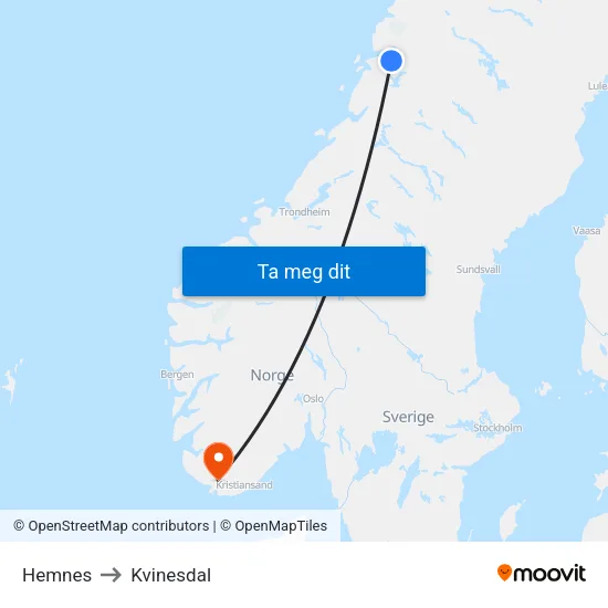 Hemnes to Kvinesdal map