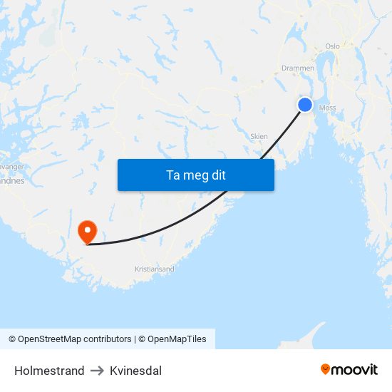 Holmestrand to Kvinesdal map