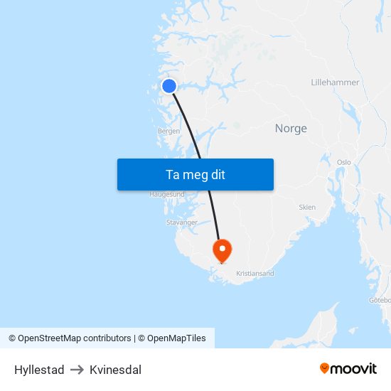 Hyllestad to Kvinesdal map