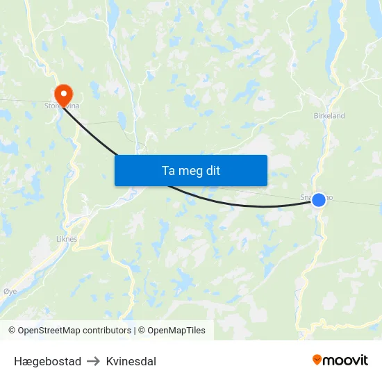 Hægebostad to Kvinesdal map