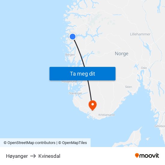 Høyanger to Kvinesdal map