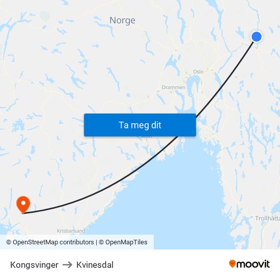 Kongsvinger to Kvinesdal map
