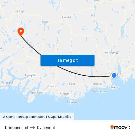 Kristiansand to Kvinesdal map