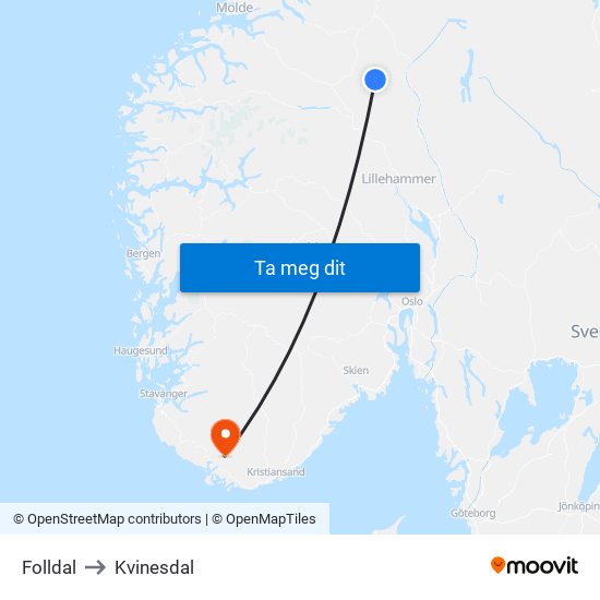 Folldal to Kvinesdal map