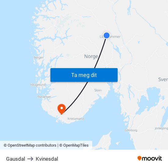 Gausdal to Kvinesdal map