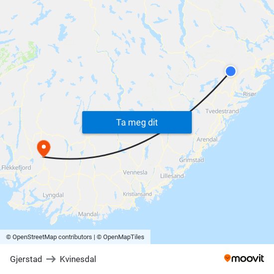 Gjerstad to Kvinesdal map