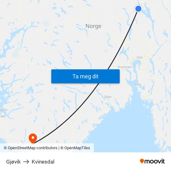 Gjøvik to Kvinesdal map