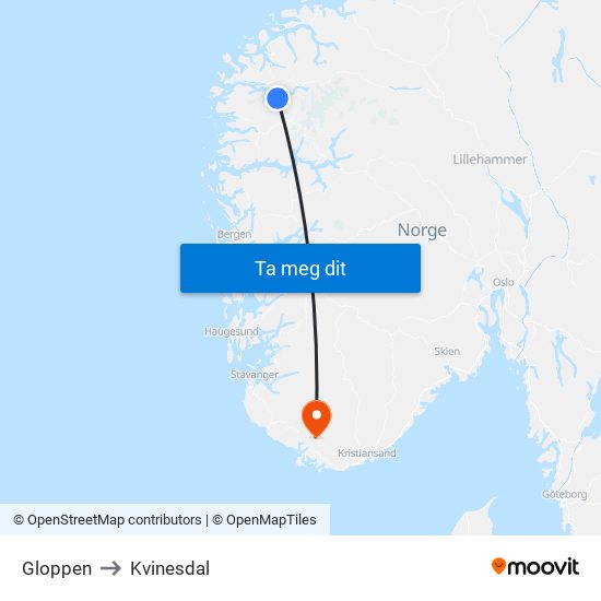 Gloppen to Kvinesdal map