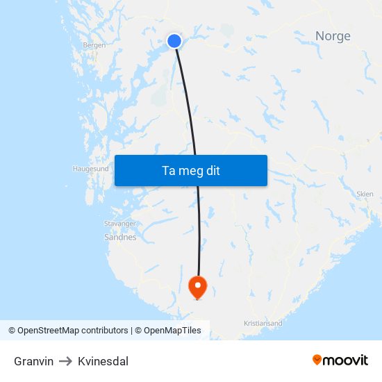 Granvin to Kvinesdal map